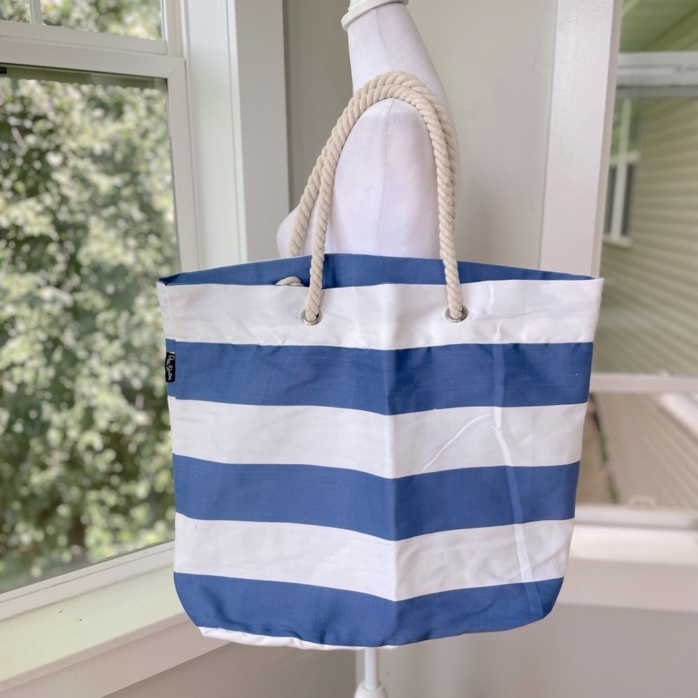 Dwell Studio Coastal Blue White Stripe Large Tote Bag Rope Handles Fisherman